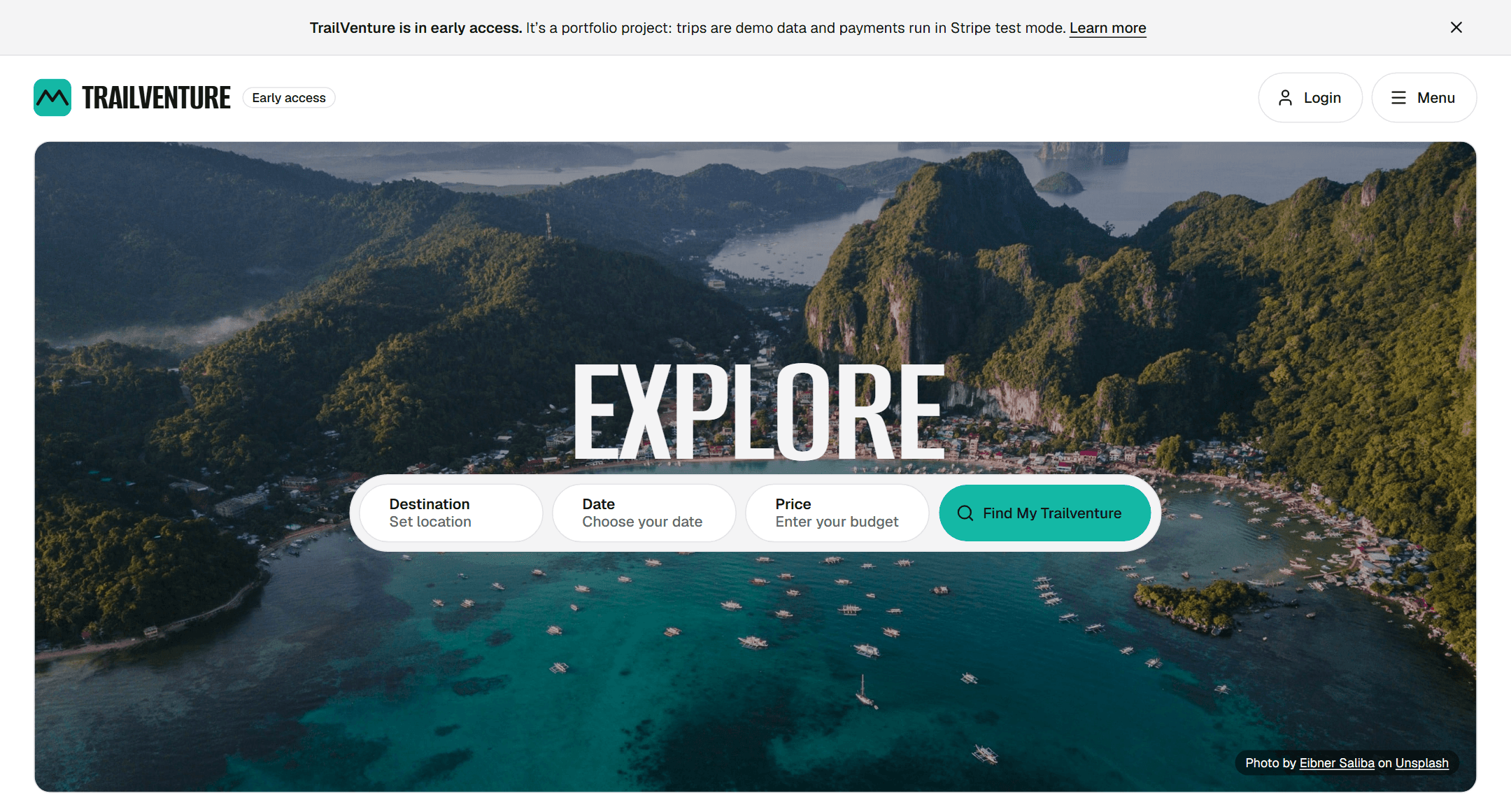 TrailVenture homepage with a destination, date and price search bar over a Palawan photograph.