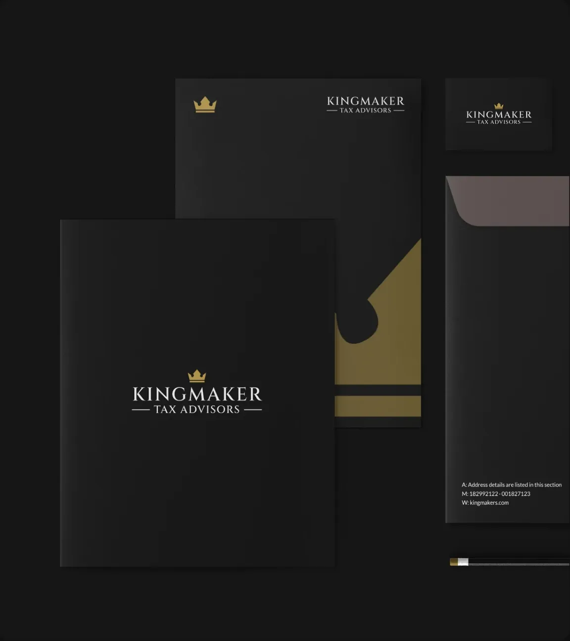 Kingmaker Tax Advisors folder, letterhead and envelope.
