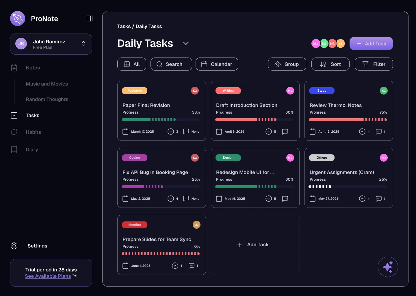 ProNote daily tasks screen.